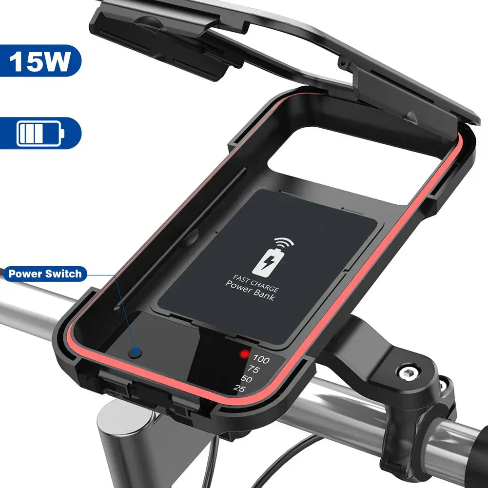 RideCharge Pro – Vattentålig mobilhållare med USB och 15W trådlös laddning för cykel och elcykel | Karnz