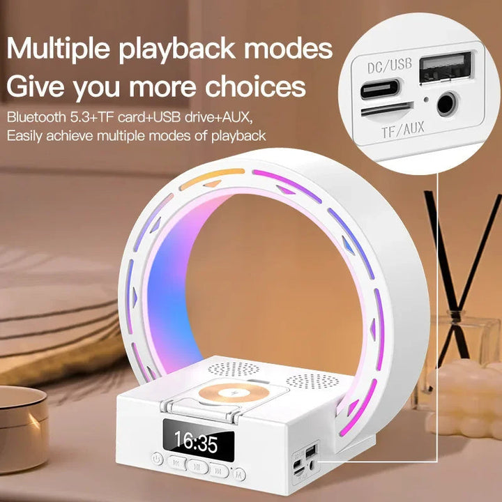 4-i-1 Bluetooth-högtalarlampa med laddningsplatta och väckarklocka