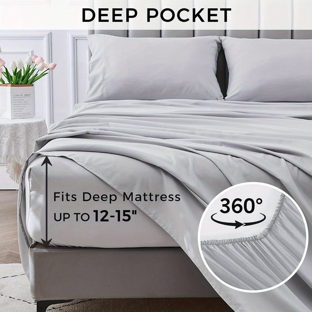 4-delat mjukt svalt sänglakan för queen-size: 14" djupa fickor, lyxig hotellkvalitet, krymp- och blekningsbeständig, lättskött sänglakan-set | Karnz