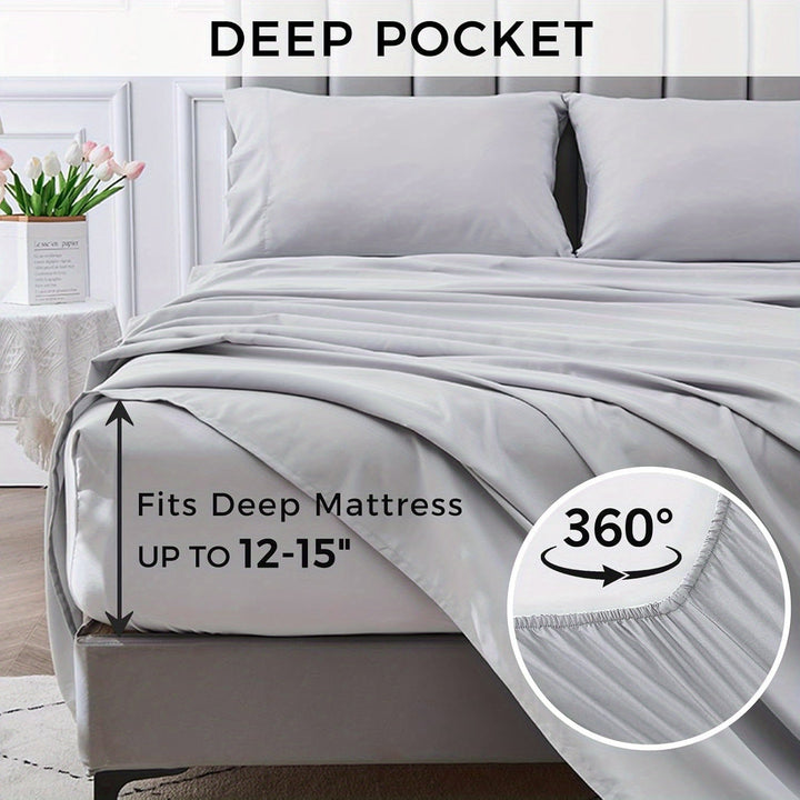 4-delat mjukt svalt sänglakan för queen-size: 14" djupa fickor, lyxig hotellkvalitet, krymp- och blekningsbeständig, lättskött sänglakan-set | Karnz