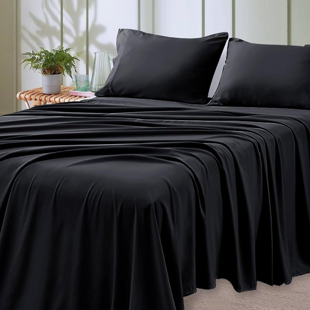 4-delat mjukt svalt sänglakan för queen-size: 14" djupa fickor, lyxig hotellkvalitet, krymp- och blekningsbeständig, lättskött sänglakan-set | Karnz