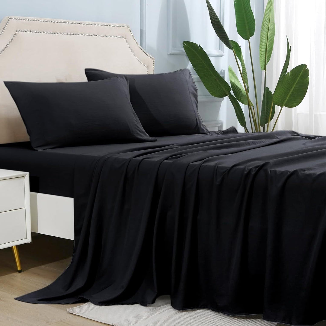4-delat mjukt svalt sänglakan för queen-size: 14" djupa fickor, lyxig hotellkvalitet, krymp- och blekningsbeständig, lättskött sänglakan-set | Karnz