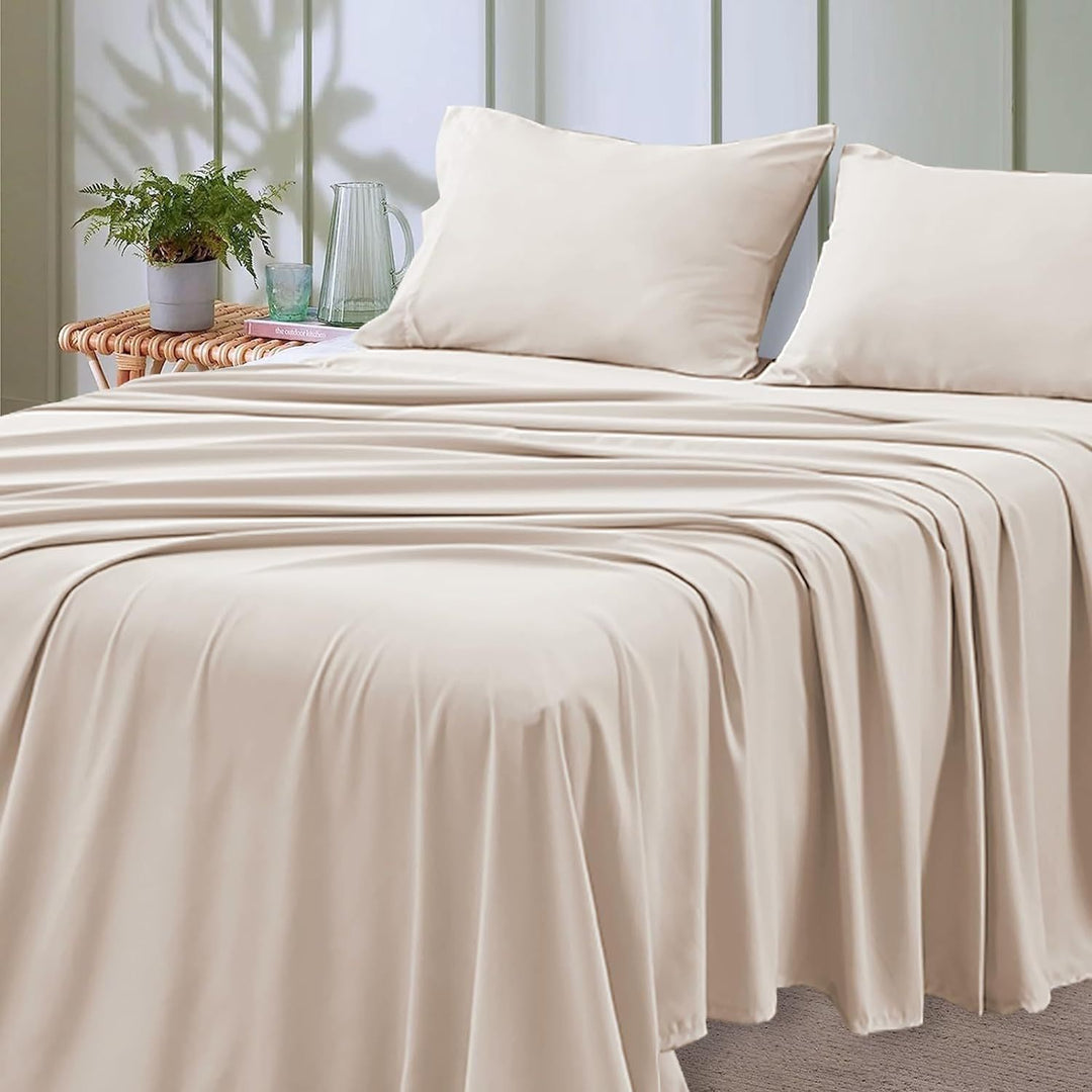 4-delat mjukt svalt sänglakan för queen-size: 14" djupa fickor, lyxig hotellkvalitet, krymp- och blekningsbeständig, lättskött sänglakan-set | Karnz