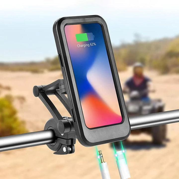 RideCharge Pro – Vattentålig mobilhållare med USB och 15W trådlös laddning för cykel och elcykel | Karnz