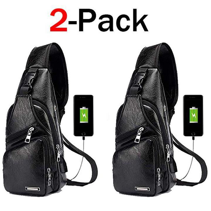 Karnz | Stor Herr-Läderväska Bröst-Ryggsäck Vattentät Crossbody-väska med USB