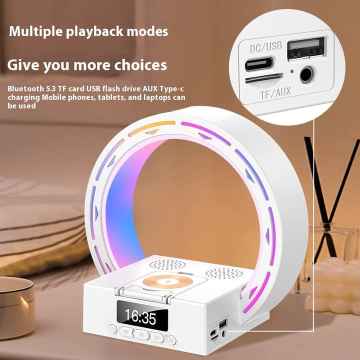4-i-1 Bluetooth-högtalarlampa med laddningsplatta och väckarklocka