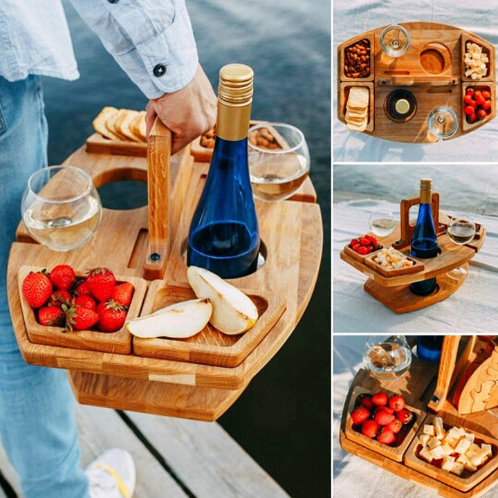Kompakt picknickbord med flaskhållare i trä