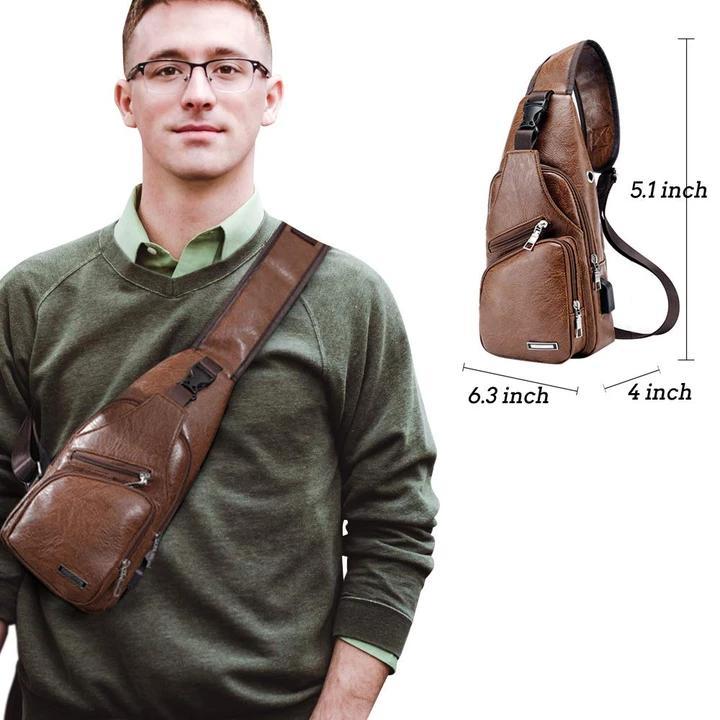 Karnz | Stor Herr-Läderväska Bröst-Ryggsäck Vattentät Crossbody-väska med USB