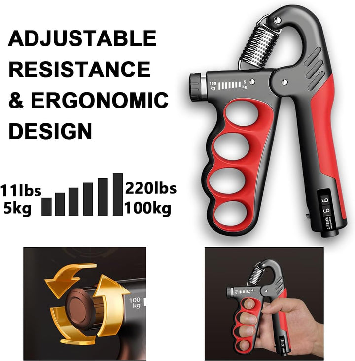 Justerbar handtränare | 5–100 kg motstånd | Återhämtningsräknare | Rutschfria handtag