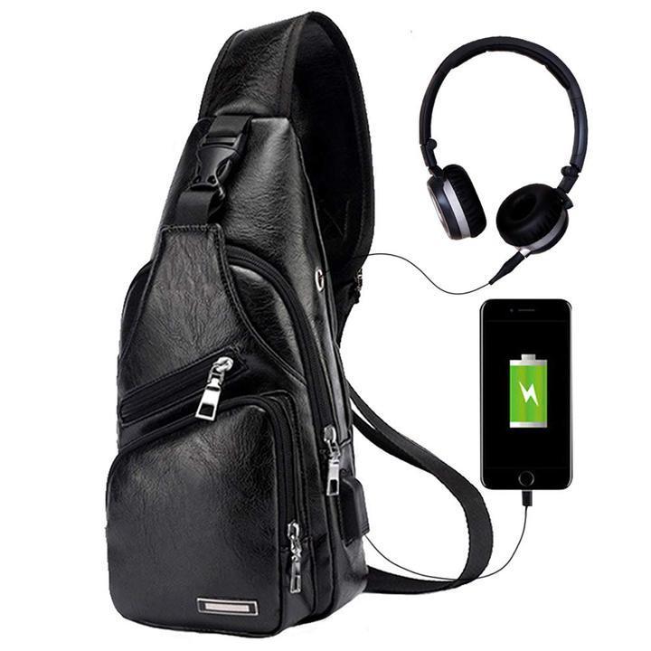 Karnz | Stor Herr-Läderväska Bröst-Ryggsäck Vattentät Crossbody-väska med USB