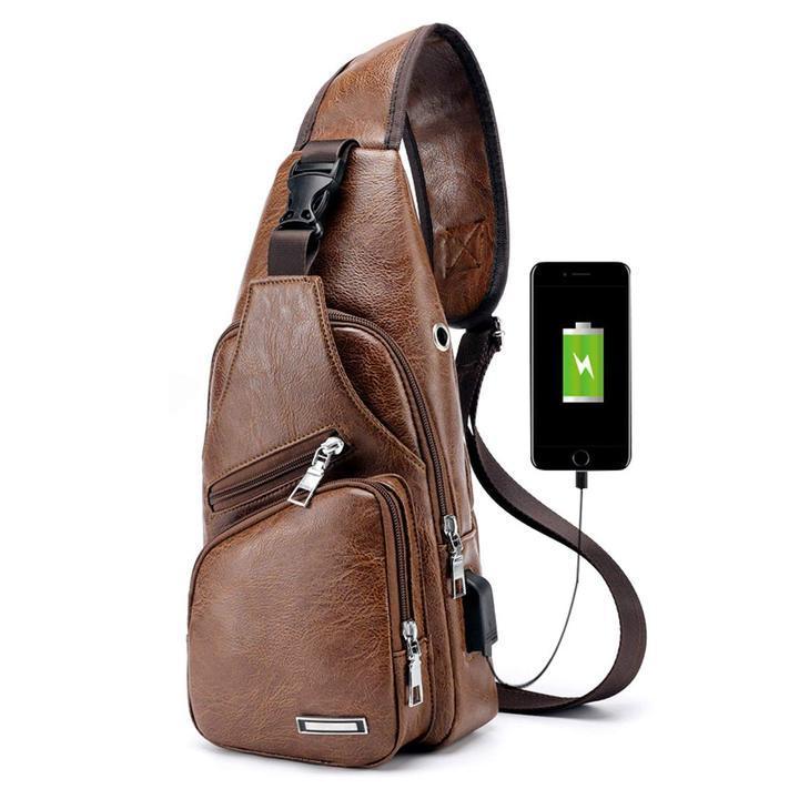 Karnz | Stor Herr-Läderväska Bröst-Ryggsäck Vattentät Crossbody-väska med USB