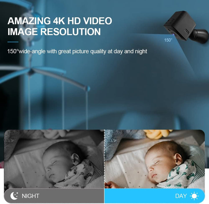 Mini-övervakningskamera 4K, WLAN, dold inomhuskamera med nattsyn