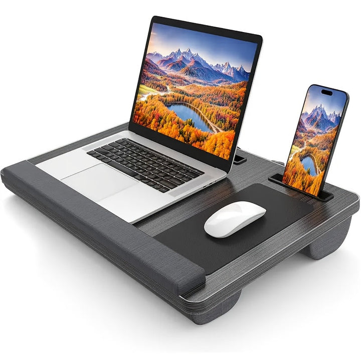 Ergonomisk laptopställ med handledsstöd och fack för enheter | Karnz
