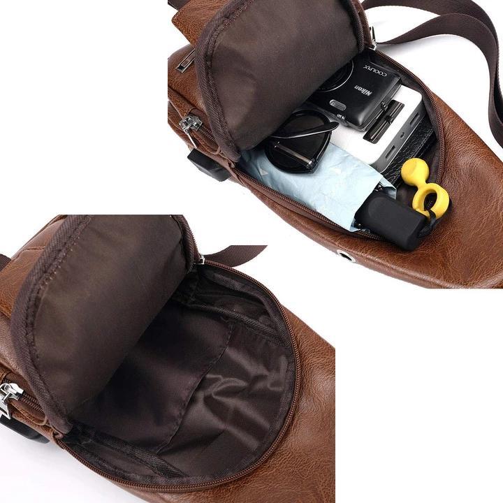 Karnz | Stor Herr-Läderväska Bröst-Ryggsäck Vattentät Crossbody-väska med USB