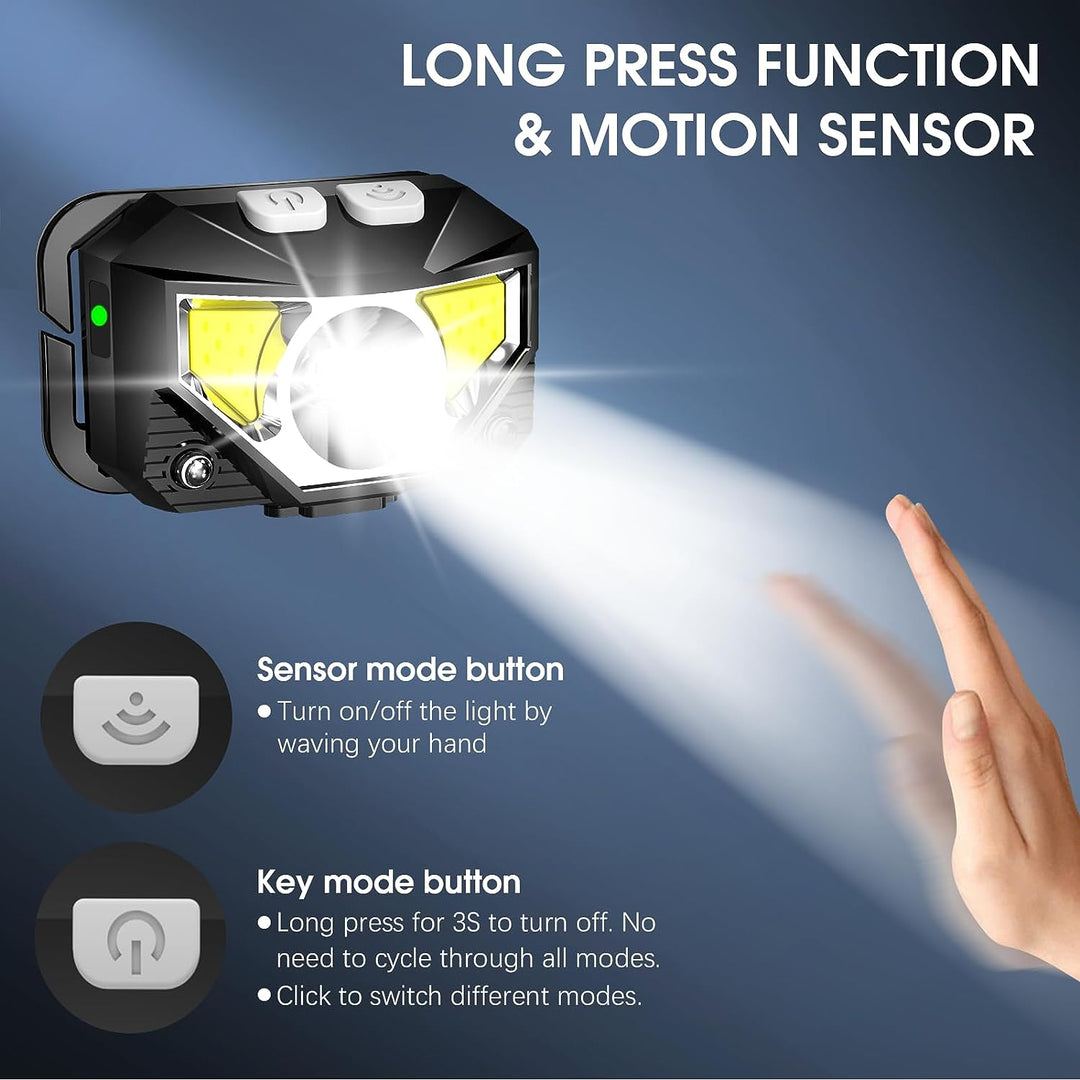 BowLift | LED-Huvudlampa | Återuppladdningsbar, Vattentät, Rörelsesensor | 2-pack
