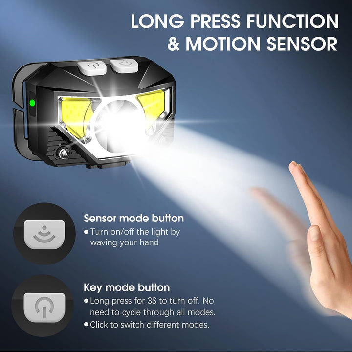 BowLift | LED-Huvudlampa | Återuppladdningsbar, Vattentät, Rörelsesensor | 2-pack