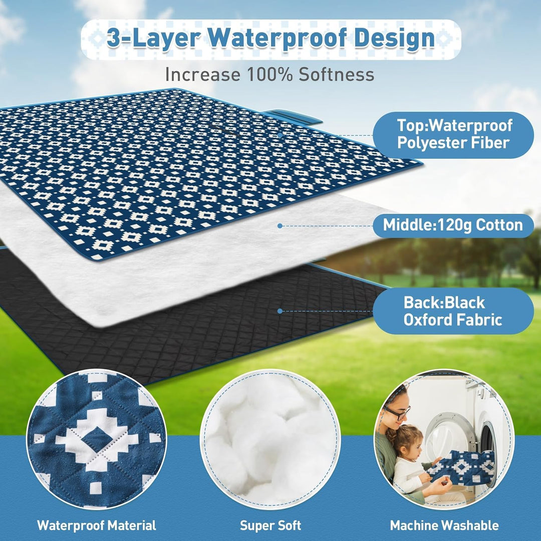 Extra stor, vattentät picknickfilt 200 × 200 cm med 3 lager – MeadowRest