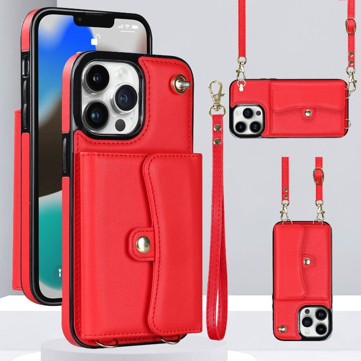 Läder axelväska med bärväska och lanyard för iPhone