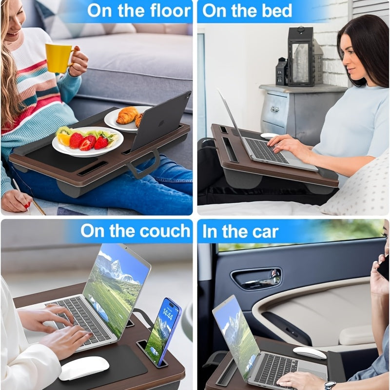 Ergonomisk laptopställ med handledsstöd och fack för enheter | Karnz
