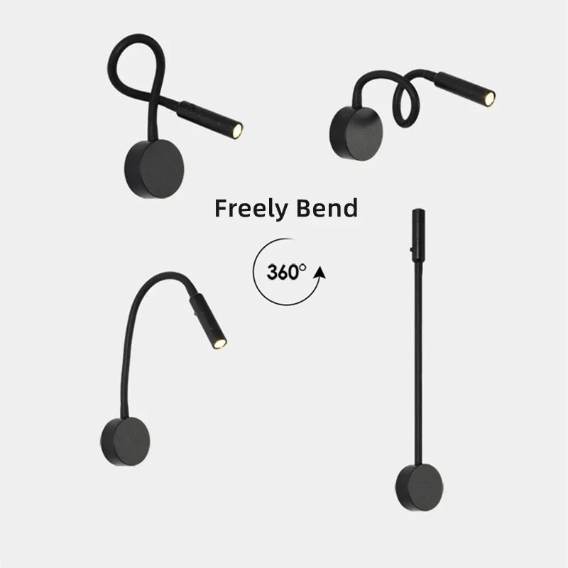 Karnz | Modern flexibel LED-läsvägglampa med strömbrytare för sovrum och studier - 1W/3W