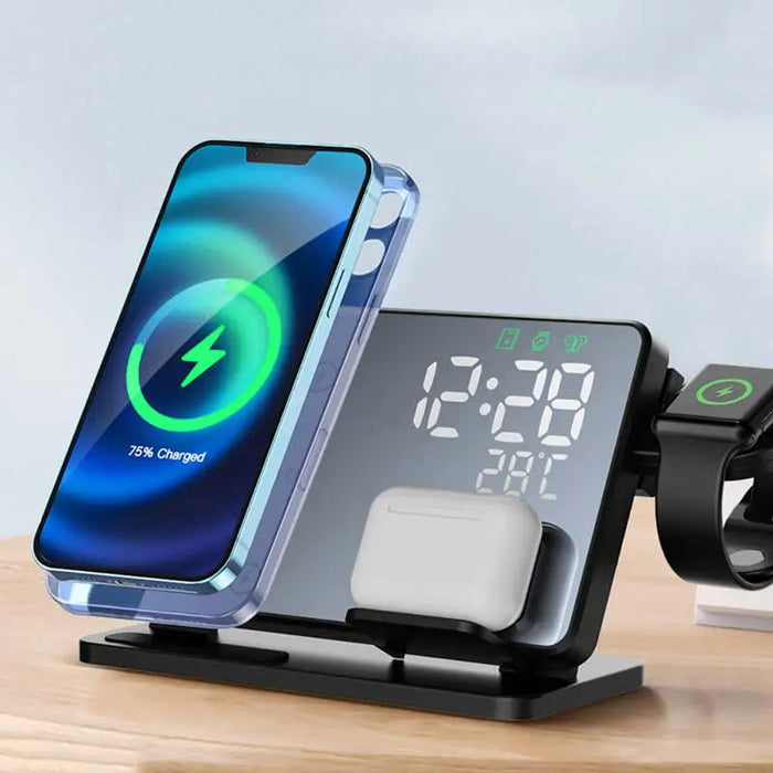 3-i-1 Snabbladdare | Premium Trådlös Snabbladdningsdocka med Väckarklocka | för Apple iPhone, Watch & AirPods