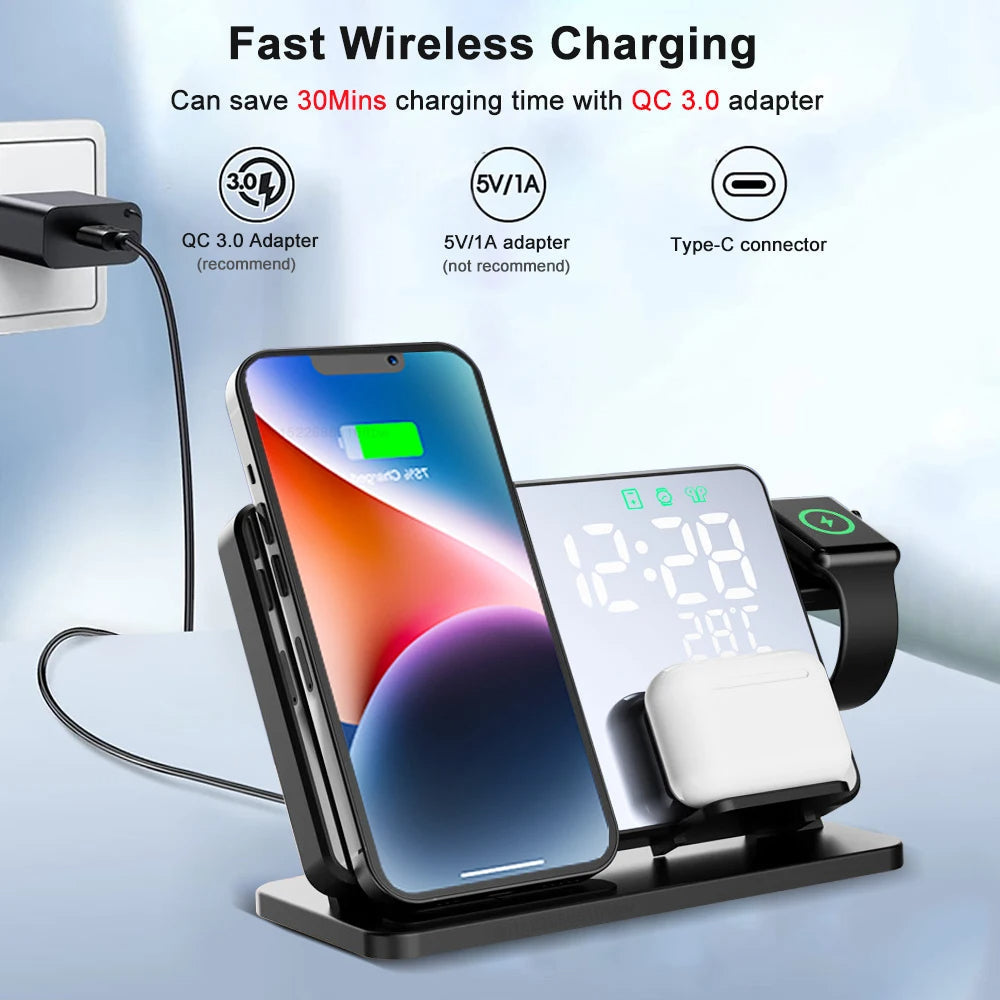 3-i-1 Snabbladdare | Premium Trådlös Snabbladdningsdocka med Väckarklocka | för Apple iPhone, Watch &amp; AirPods
