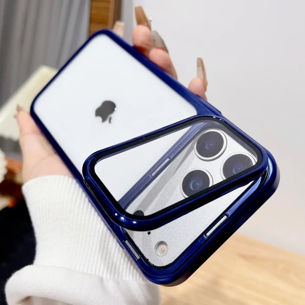 Ultradun iPhone 17-fodral med vikbart kamerastativ och glasbeskydd