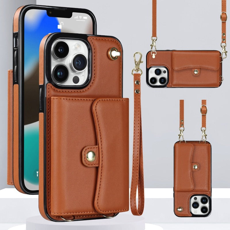 Läder axelväska med bärväska och lanyard för iPhone