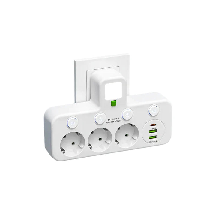 Karnz | Flerfacksuttag VOLTRIQ ProLine | 3–4 uttag + 2× USB &amp; 1× Typ-C | 2500 W | Överspänningsskydd &amp; Kontrollswitch
