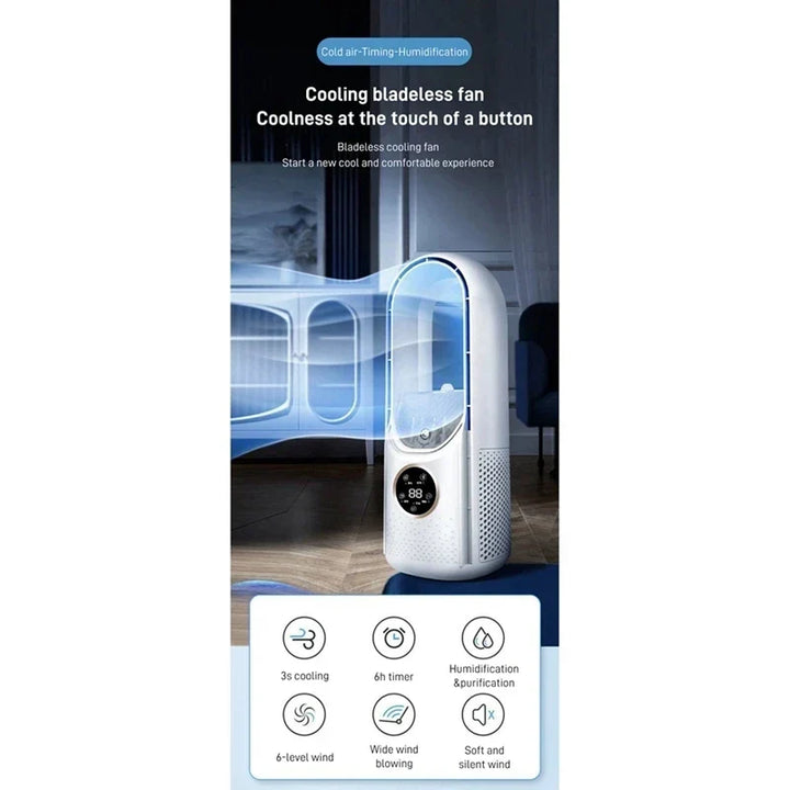 Bärbar USB-bladlös luftkylare – Tyst 6-växlad elektrisk fläkt med timer och luftfuktare | Karnz