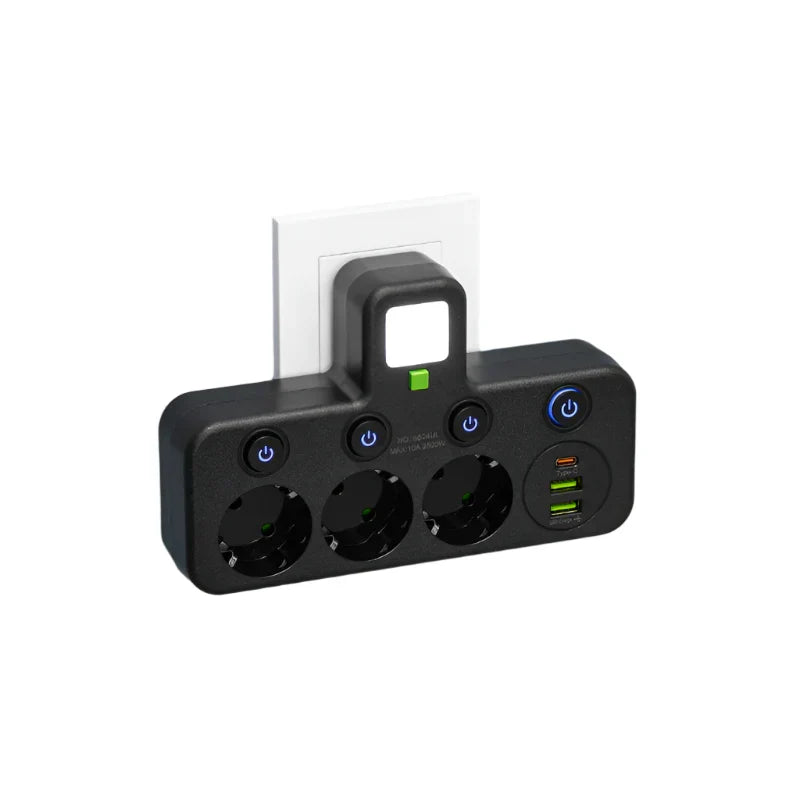 Karnz | Flerfacksuttag VOLTRIQ ProLine | 3–4 uttag + 2× USB &amp; 1× Typ-C | 2500 W | Överspänningsskydd &amp; Kontrollswitch