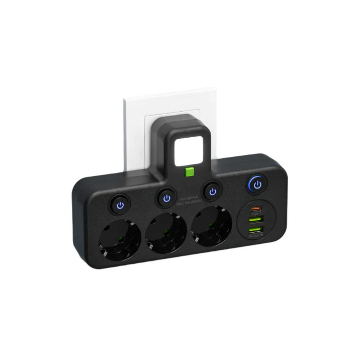 Karnz | Flerfacksuttag VOLTRIQ ProLine | 3–4 uttag + 2× USB &amp; 1× Typ-C | 2500 W | Överspänningsskydd &amp; Kontrollswitch