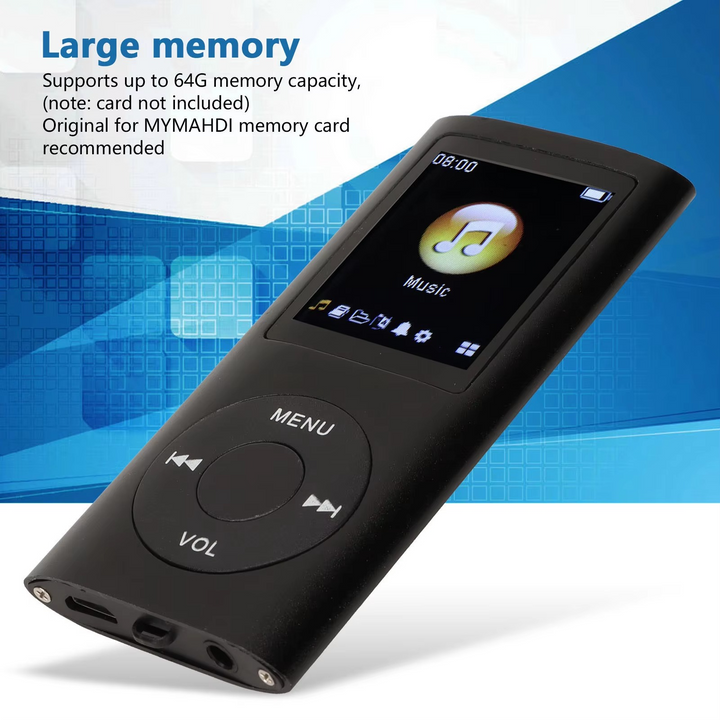Kompakt MP3-spelare med högupplöst 1,8-tums LCD-skärm.