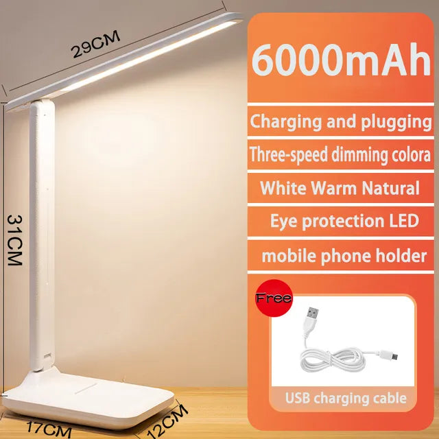 6000mAh uppladdningsbar LED skrivbordslampa USB 3 färger steglöst dimbar skrivbordslampa Touch hopfällbar ögonskyddande läs nattljus