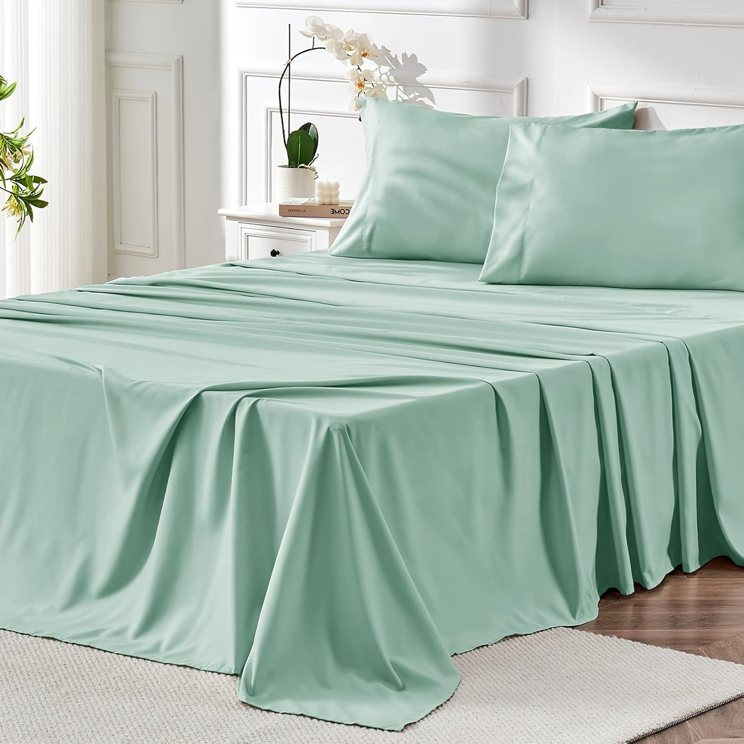 4-delat mjukt svalt sänglakan för queen-size: 14" djupa fickor, lyxig hotellkvalitet, krymp- och blekningsbeständig, lättskött sänglakan-set | Karnz