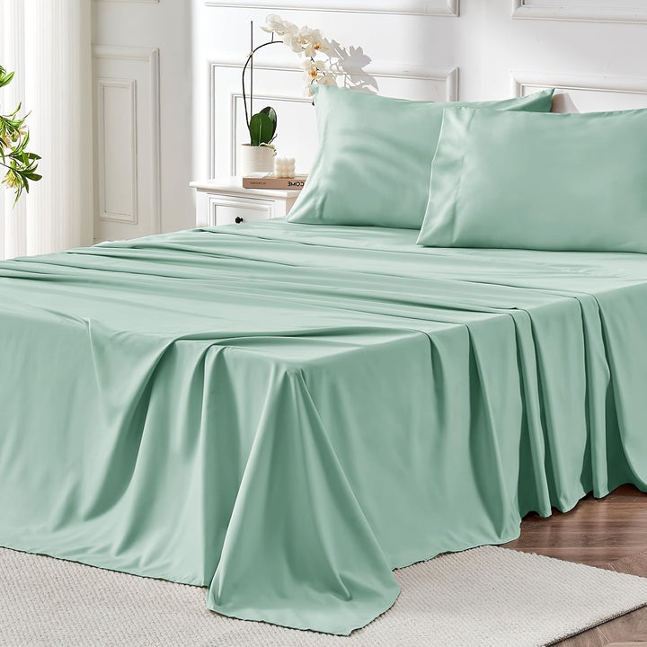 4-delat mjukt svalt sänglakan för queen-size: 14" djupa fickor, lyxig hotellkvalitet, krymp- och blekningsbeständig, lättskött sänglakan-set | Karnz