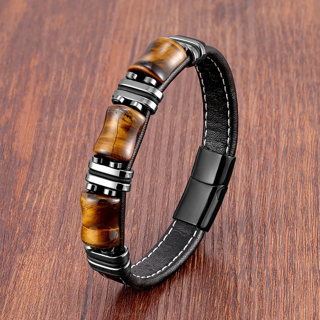Armband i läder och guld | Herrsmycken med tigeröga