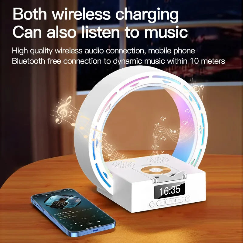4-i-1 Bluetooth-högtalarlampa med laddningsplatta och väckarklocka