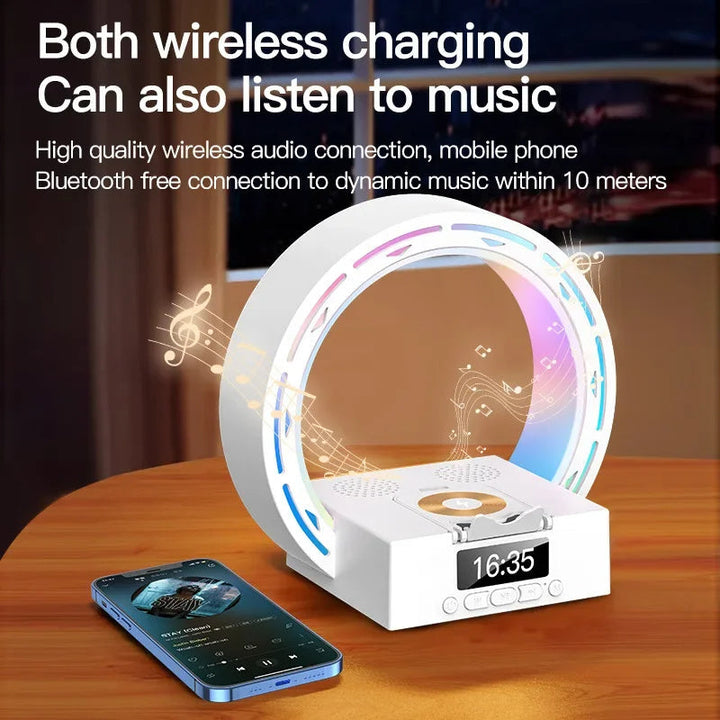 4-i-1 Bluetooth-högtalarlampa med laddningsplatta och väckarklocka