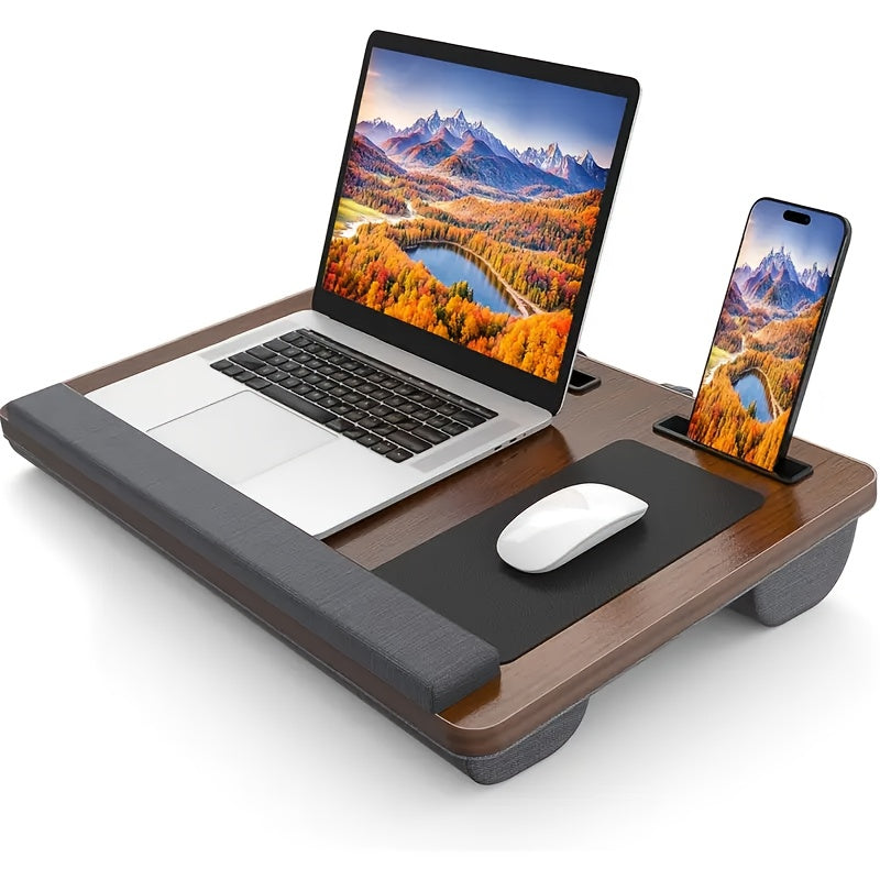 Ergonomisk laptopställ med handledsstöd och fack för enheter | Karnz