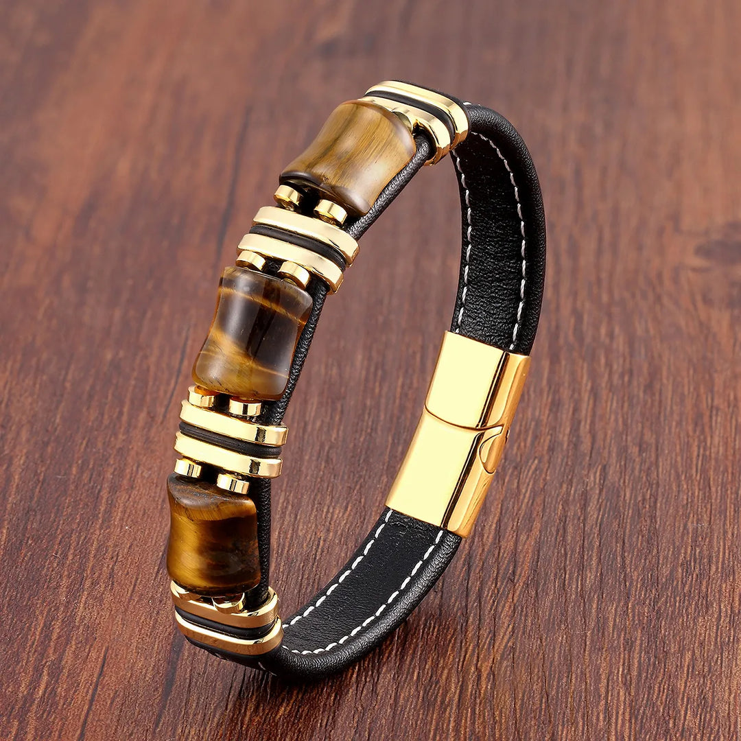 Armband i läder och guld | Herrsmycken med tigeröga