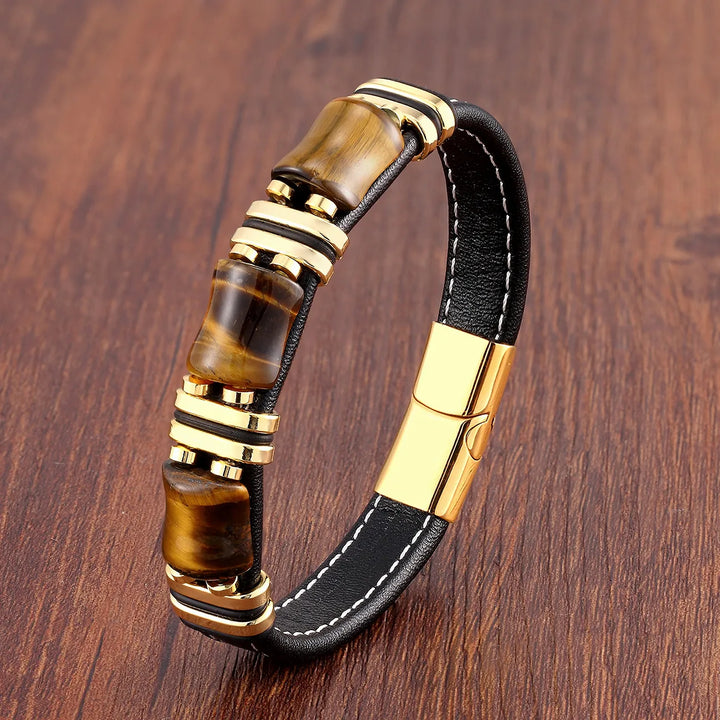 Armband i läder och guld | Herrsmycken med tigeröga