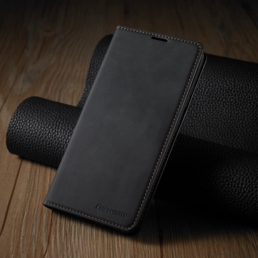 Läderfodral för iPhone 15 med plånboksformat | Magnetiskt flipfodral med kortfack