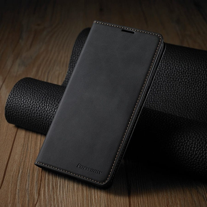 Läderfodral för iPhone 15 med plånboksformat | Magnetiskt flipfodral med kortfack