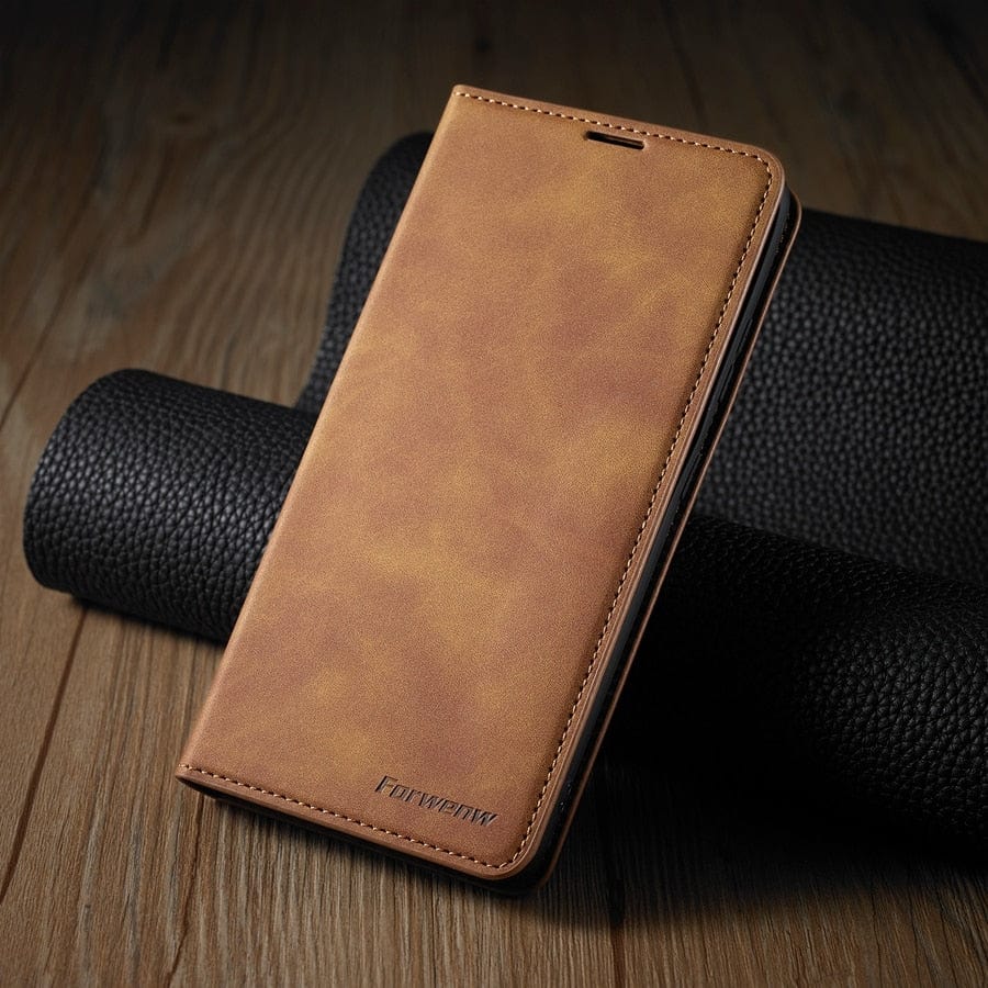 Läderfodral för iPhone 15 med plånboksformat | Magnetiskt flipfodral med kortfack