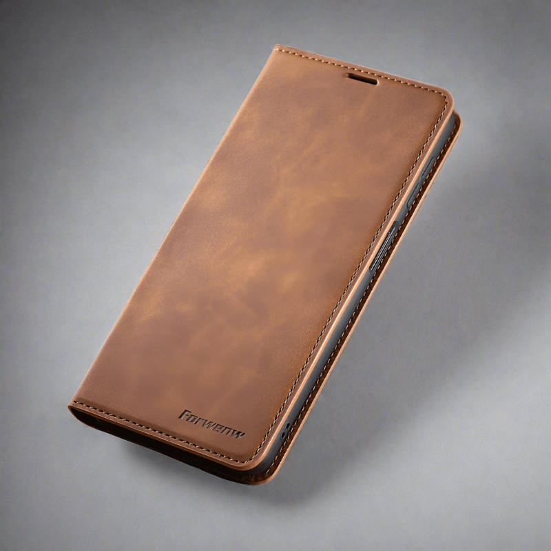 Läderfodral för iPhone 15 med plånboksformat | Magnetiskt flipfodral med kortfack