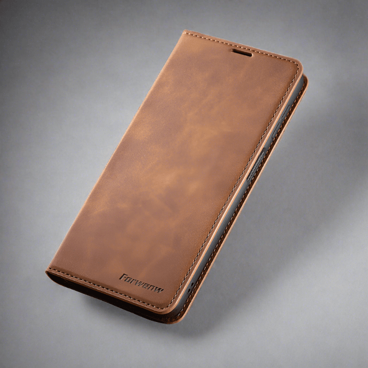 Läderfodral för iPhone 15 med plånboksformat | Magnetiskt flipfodral med kortfack