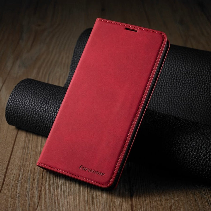 Läderfodral för iPhone 15 med plånboksformat | Magnetiskt flipfodral med kortfack