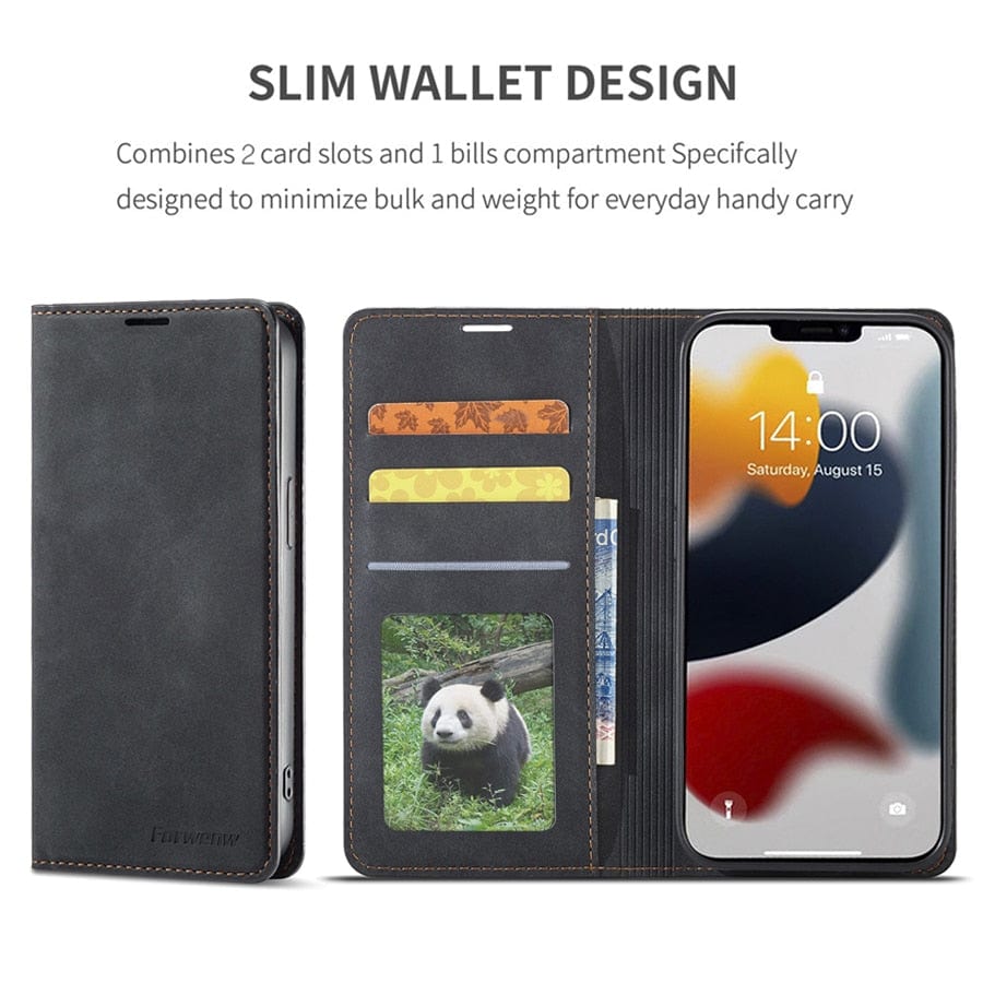 Läderfodral för iPhone 15 med plånboksformat | Magnetiskt flipfodral med kortfack