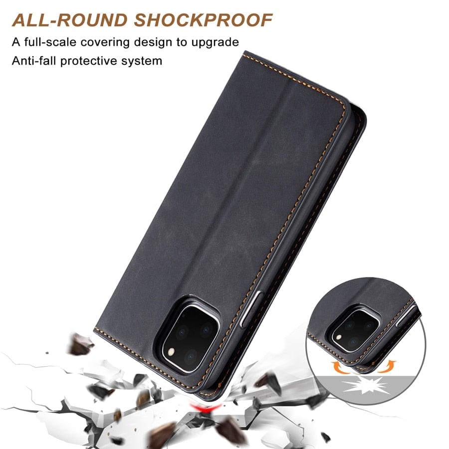 Läderfodral för iPhone 15 med plånboksformat | Magnetiskt flipfodral med kortfack